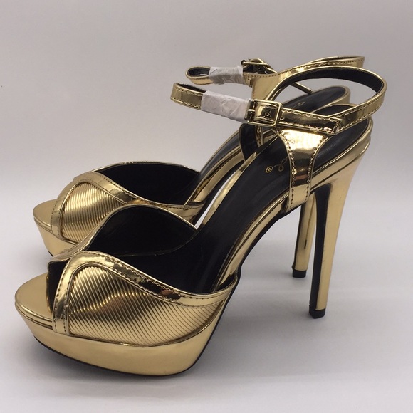 Qupid Ladies Platform Heels Pumps 5” Gold Shiny Metallic Open Toe Size 9 - Picture 3 of 16